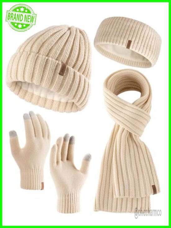 Winter Beanie Hat Touchscreen Gloves Scarf Headband Set 4 in 1 Double Layer main image 4